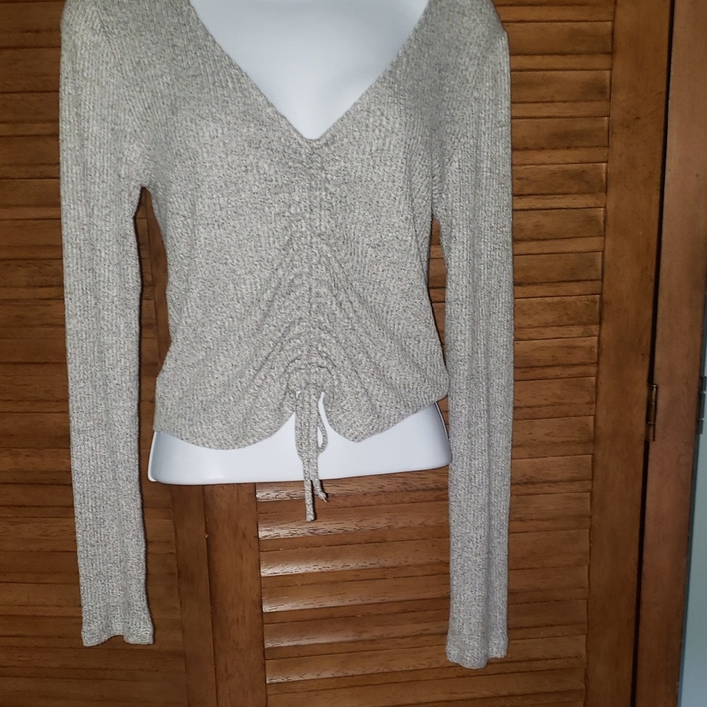 Garage Gray Long Sleeve Ruched Tie Front Blouse